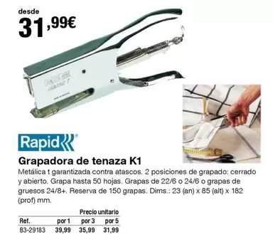 Oferta de Rapid - Grapadora De Tenaza K1- por 31,99€ en Staples Kalamazoo