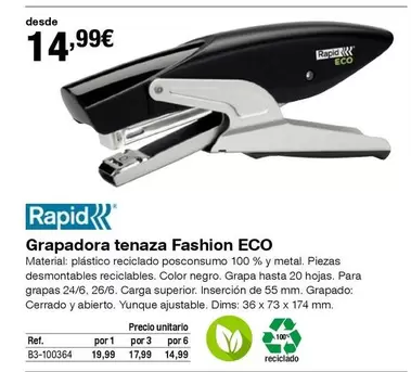 Oferta de Rapid - Grapadora Tenaza Fashion Eco por 14,99€ en Staples Kalamazoo