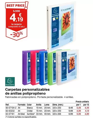 Oferta de Exacompta - Carpetas Personalizables De Anillas Polipropileno por 4,19€ en Staples Kalamazoo