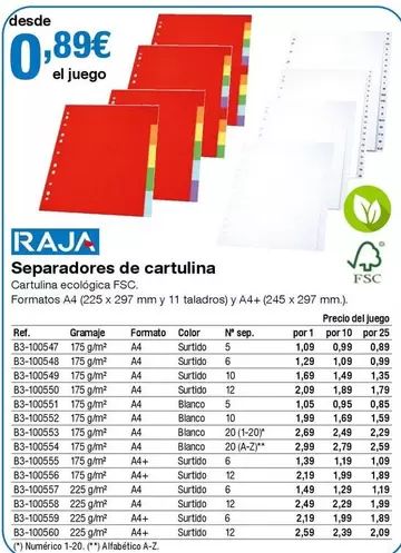Oferta de Raja - Separadores De Cartulin por 0,89€ en Staples Kalamazoo
