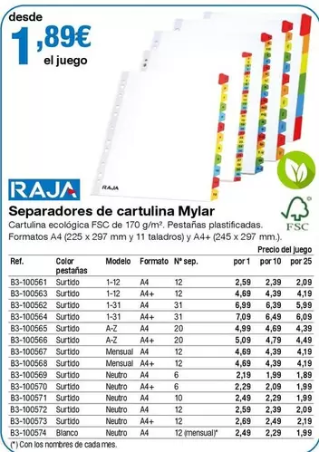Oferta de Raja - Separadores De Cartulina Mylar por 1,89€ en Staples Kalamazoo