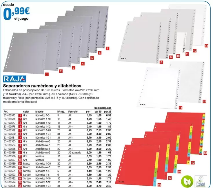 Oferta de Raja - Separadores Numéricos Y Alfabéticos por 0,99€ en Staples Kalamazoo