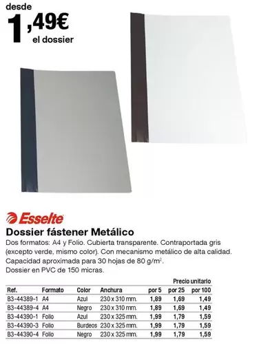 Oferta de Esselte - Dossier Fastener Metalico por 1,49€ en Staples Kalamazoo