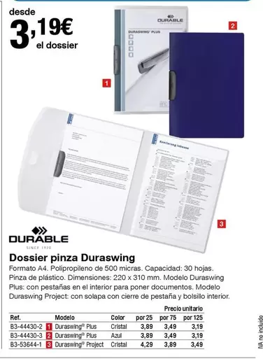 Oferta de Durable - Dossier Pinza Duraswing por 3,19€ en Staples Kalamazoo