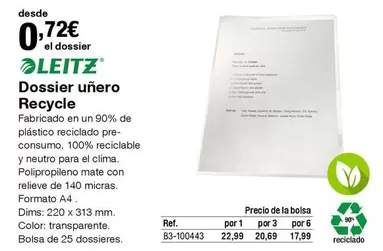 Oferta de Leitz - Dossier Uñero Recycle por 0,72€ en Staples Kalamazoo