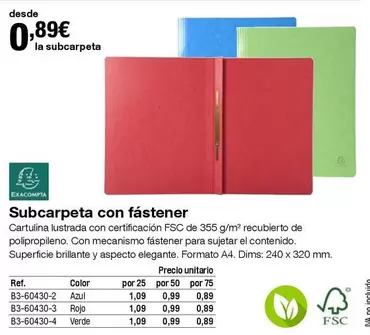 Oferta de Exacompta - Subcarpeta con fastener por 0,89€ en Staples Kalamazoo