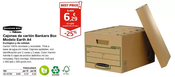 Oferta de Fellowes - Cajones De Carton Bankers Box Modelo Earth A4 por 6,29€ en Staples Kalamazoo