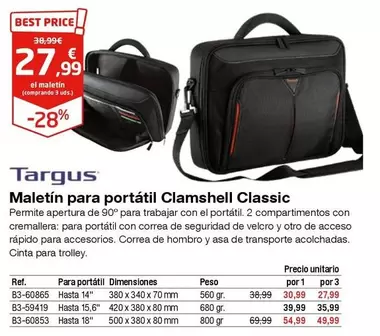 Oferta de Targus - Maletin Para Portátil Clamshell Classic por 27,99€ en Staples Kalamazoo