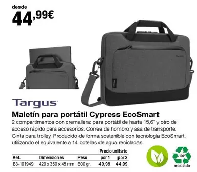 Oferta de Targus - Maletín Para Portátil Cypress Ecosmart por 44,99€ en Staples Kalamazoo