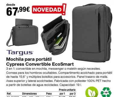 Oferta de Targus - Mochila Para Portátil Cypress Convertible Ecosmart por 67,99€ en Staples Kalamazoo