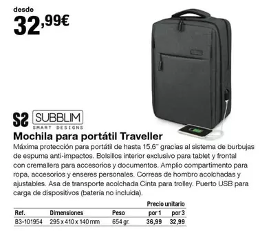 Oferta de Subblim - Mochila Para Portátil Traveller por 32,99€ en Staples Kalamazoo