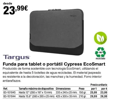 Oferta de Targus - Funda Para Tablet O Portátil Cypress Ecosmart por 23,99€ en Staples Kalamazoo