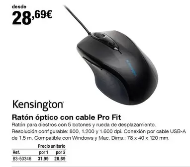 Oferta de Kensington - Ratón Óptico Con Cable Pro Fit por 28,69€ en Staples Kalamazoo