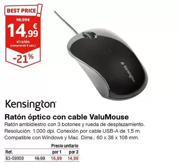 Oferta de Kensington - Ratón Óptico Con Cable Valumouse por 14,99€ en Staples Kalamazoo