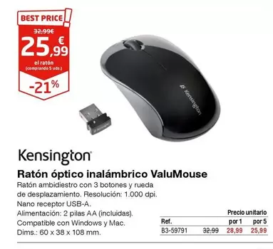 Oferta de Kensington - Ratón Óptico Inalámbrico Valumouse por 25,99€ en Staples Kalamazoo