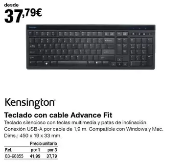 Oferta de Kensington - Teclado Con Cable Advance Fit por 37,79€ en Staples Kalamazoo