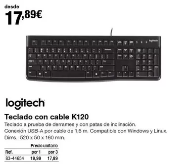 Oferta de Logitech - Teclado Con Cable K120 por 17,89€ en Staples Kalamazoo