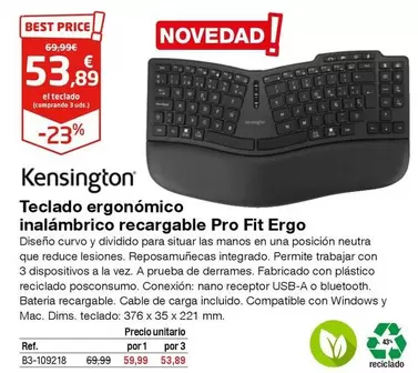 Oferta de Kensington - Teclado Ergonomico Inalambrico Recargable Pro Fit Ergo por 53,89€ en Staples Kalamazoo