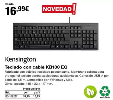 Oferta de Kensington - Teclado Con Cable KB100 EQ por 16,99€ en Staples Kalamazoo