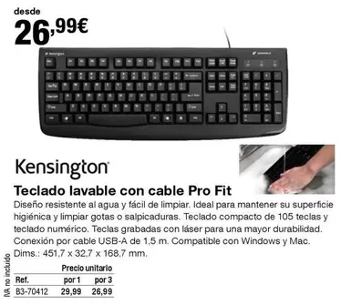 Oferta de Kensington - Teclado Lavable Con Cable Pro Fit por 26,99€ en Staples Kalamazoo