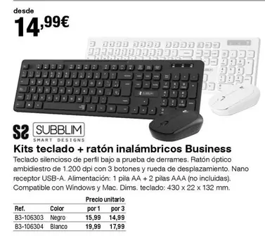 Oferta de Subblim - Kits Teclado + Ratón Inalámbricos Business por 14,99€ en Staples Kalamazoo