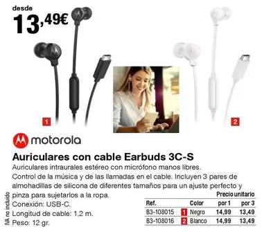 Oferta de Motorola - Auriculares Con Cable Earbuds 3c-s por 13,49€ en Staples Kalamazoo