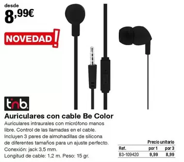Oferta de Tnb - Auriculares Con Cable Be Color por 8,99€ en Staples Kalamazoo