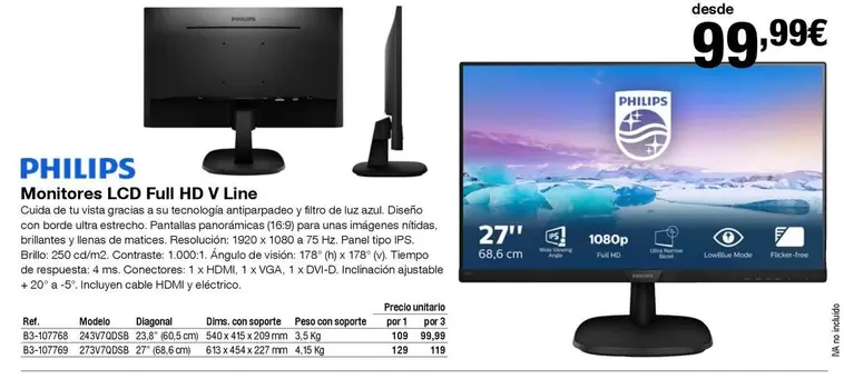 Oferta de Philips - Monitores LCD Full HD V Line por 99,99€ en Staples Kalamazoo