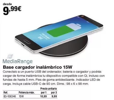 Oferta de MediaRange - Base Cargador Inalámbrico 15W por 9,99€ en Staples Kalamazoo