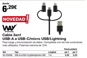 Oferta de Way - Cable 3 En 1 USB-A A USB-C/Micro USB/Lightning por 6,29€ en Staples Kalamazoo