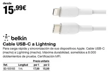 Oferta de Belkin - Cable USB-C A Lightning por 15,99€ en Staples Kalamazoo