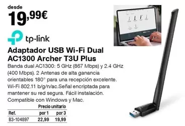 Oferta de TP-LINK - Adaptador USB Wi-Fi Dual AC1300 Archer T3U Plus por 19,99€ en Staples Kalamazoo