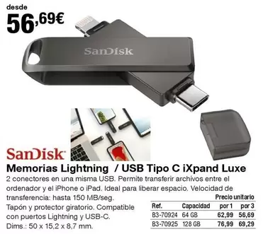 Oferta de Sandisk - Memorias Lightning / Usb Tipo C Ixpand Luxe por 56,69€ en Staples Kalamazoo