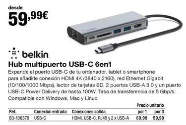 Oferta de Belkin - Hub Multipuerto Usb-c 6en 1 por 59,99€ en Staples Kalamazoo
