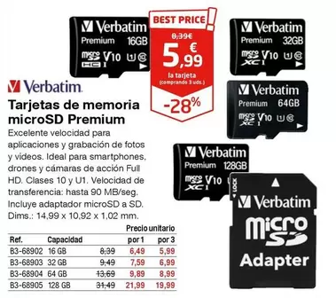 Oferta de Verbatim - Tarjetas De Memoria Microsd Premium por 5,99€ en Staples Kalamazoo