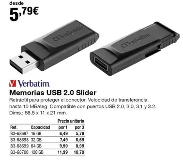 Oferta de Verbatim - Memorias Usb 2.0 Slider por 5,79€ en Staples Kalamazoo