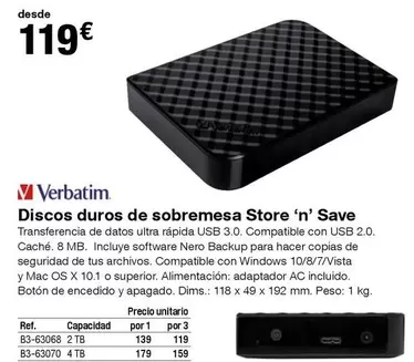 Oferta de Verbatim - Discos Duros De Sobremesa Store 'n' Save por 119€ en Staples Kalamazoo