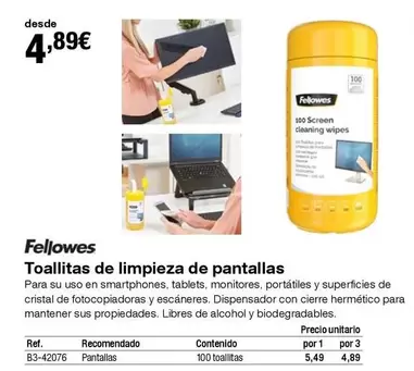 Oferta de Fellowes - Toallitas De Limpieza De Pantallas por 4,89€ en Staples Kalamazoo