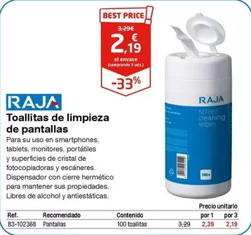 Oferta de Raja - Toallitas De Limpieza De Pantallas por 2,19€ en Staples Kalamazoo