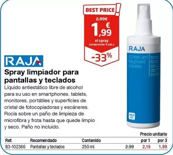 Oferta de Raja - Spray Limpiador Para Pantallas Y Teclados por 1,99€ en Staples Kalamazoo