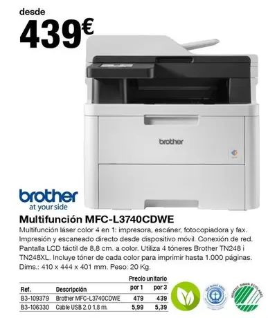Oferta de Brother - Multifuncion Mfc-l3740cdwe por 439€ en Staples Kalamazoo