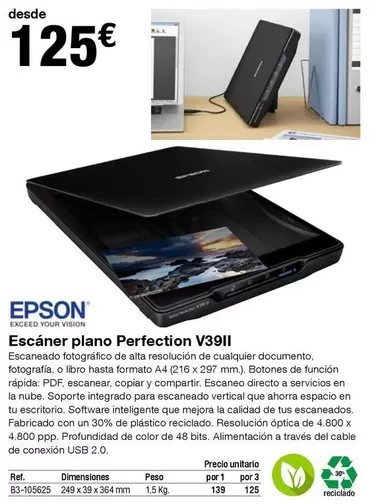 Oferta de Epson - Escanér Plano Perfection V39ii por 125€ en Staples Kalamazoo
