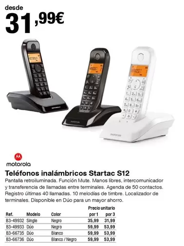 Oferta de Motorola - Telefonos Inalambricos Startac S12 por 31,99€ en Staples Kalamazoo