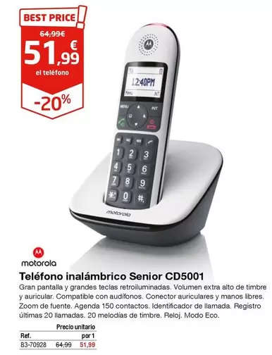 Oferta de Motorola - Telefono Inalámbrico CD5001 por 51,99€ en Staples Kalamazoo
