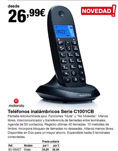 Oferta de Motorola - Telefonos Inalámbricos Serie C1001CB por 26,99€ en Staples Kalamazoo