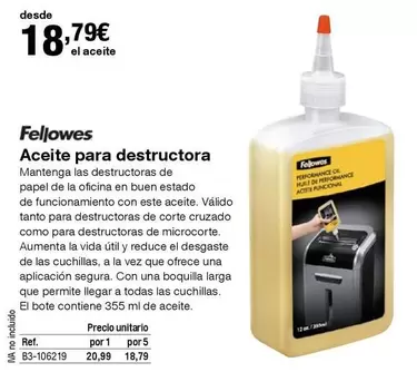 Oferta de Fellowes - Aceite Para Destructora por 18,79€ en Staples Kalamazoo