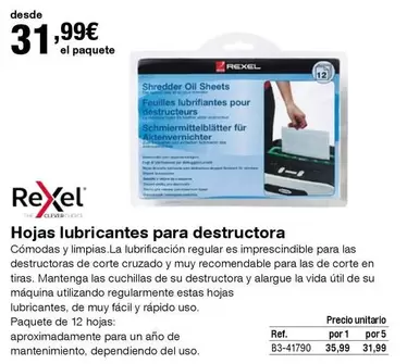 Oferta de Rexel - Hojas Lubricantes Para Destructora por 31,99€ en Staples Kalamazoo