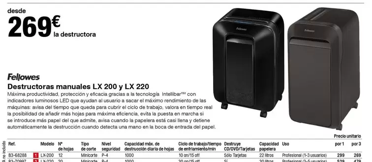 Oferta de Fellowes - Destructoras Manuales Lx 200 Y Lx 220 por 269€ en Staples Kalamazoo