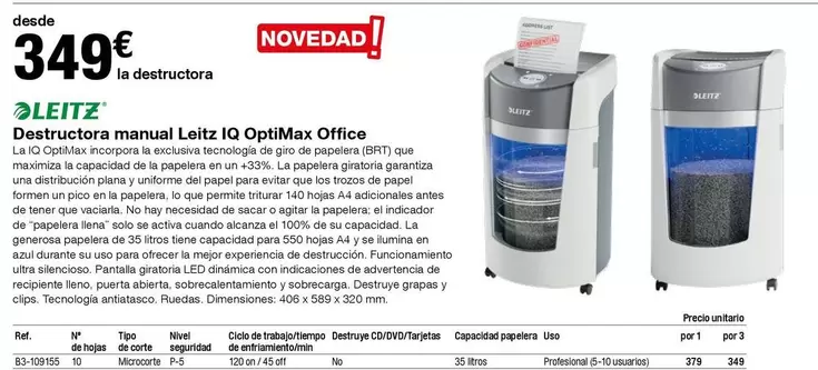 Oferta de Leitz - Destructora Manual Leitz Iq Qprimax Office por 349€ en Staples Kalamazoo
