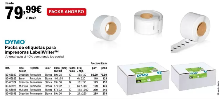 Oferta de Dymo - Packs De Etiquetas Para Impresoras Label-Whiter por 79,99€ en Staples Kalamazoo